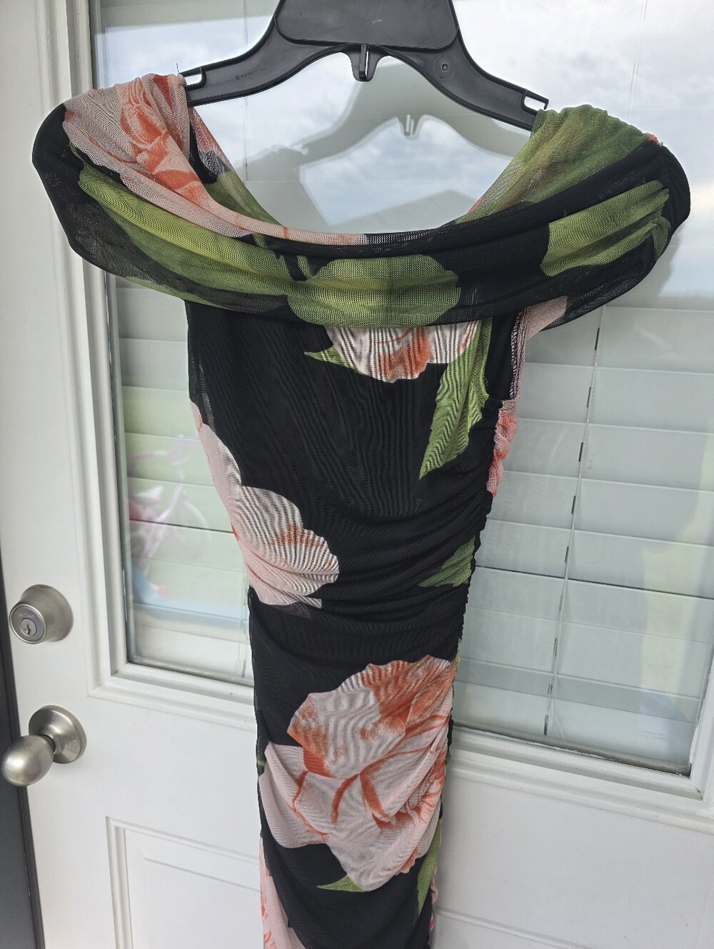 B Darlin Black Off-Shoulder Midi Dress with Pink Floral Print - Picture 4 of 10